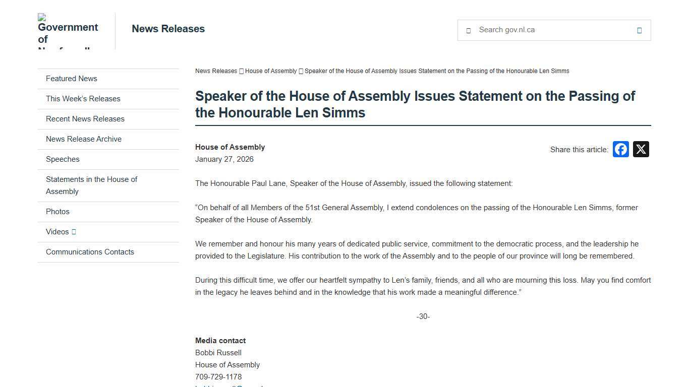 Speaker of the House of Assembly Issues Statement on the Passing of the Honourable Len Simms - News Releases